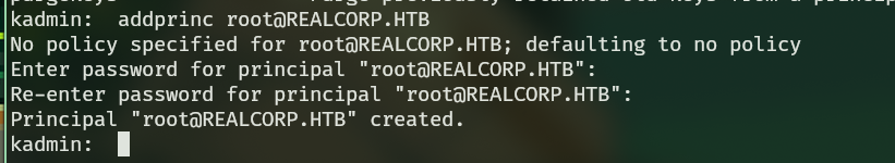 Creación de principal root con nueva contraseña.