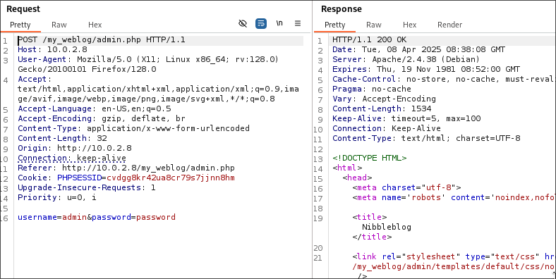 Solicitud y respuesta en Burpsuite.