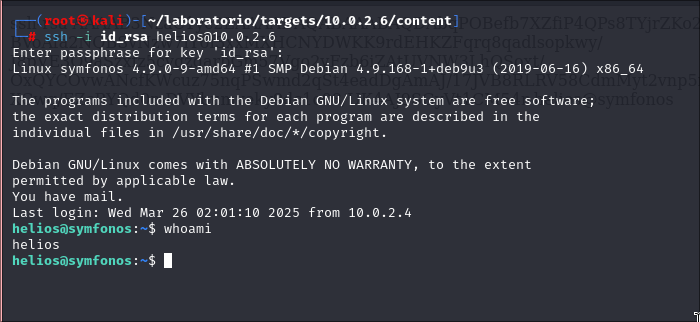 Conexión exitosa con el usuario helios a través de ssh.