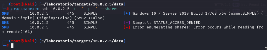 Resultado de intento de null session con crackmapexec.
