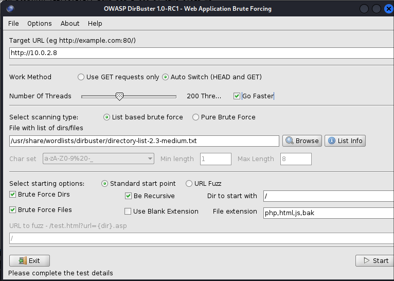 Configuración de dirbuster.
