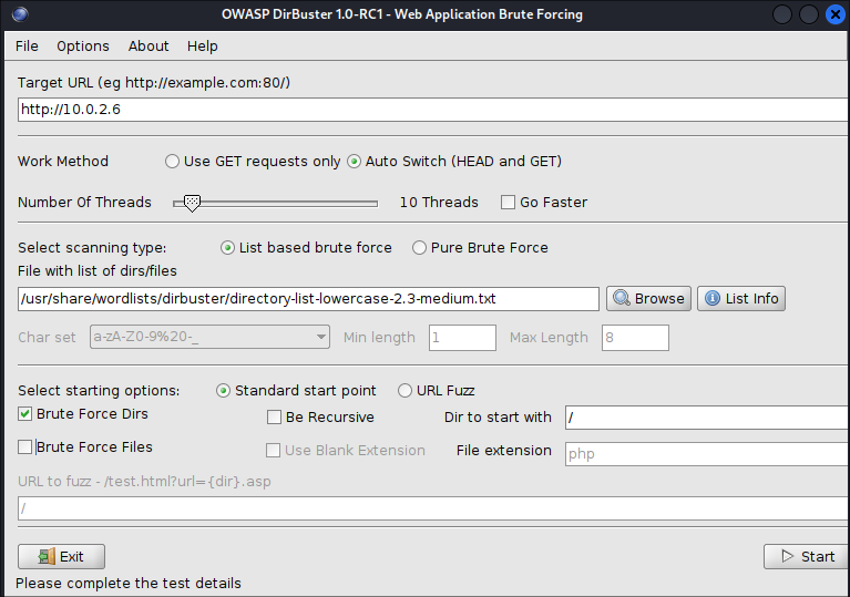 Configuración de dirbuster.