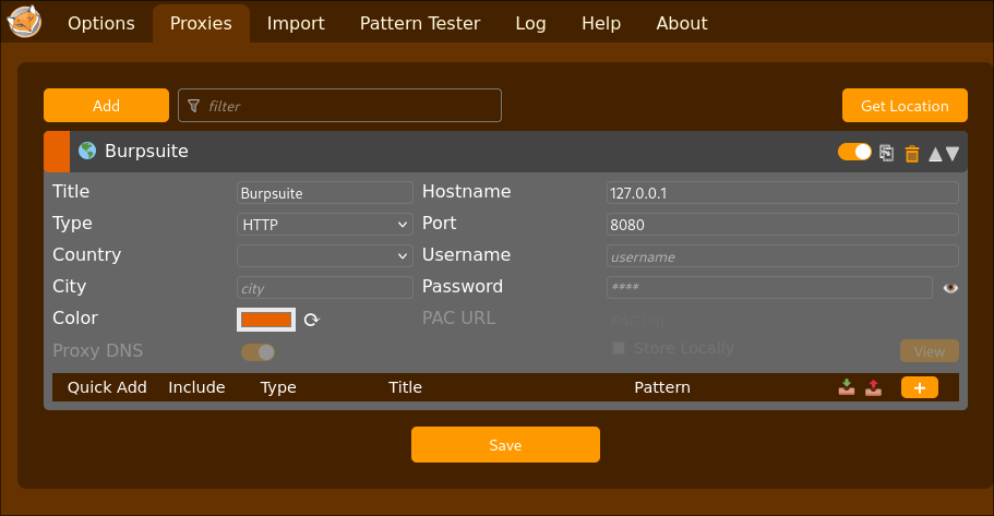 Configuración proxy por defecto de Burpsuite en Foxyproxy.
