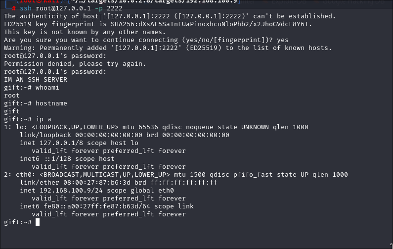 Uso de ssh en nuestro equipo kali para acceder al puerto 22 de la máquina Gift.