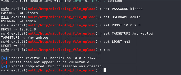 Ejecucción fallida con metasploit.