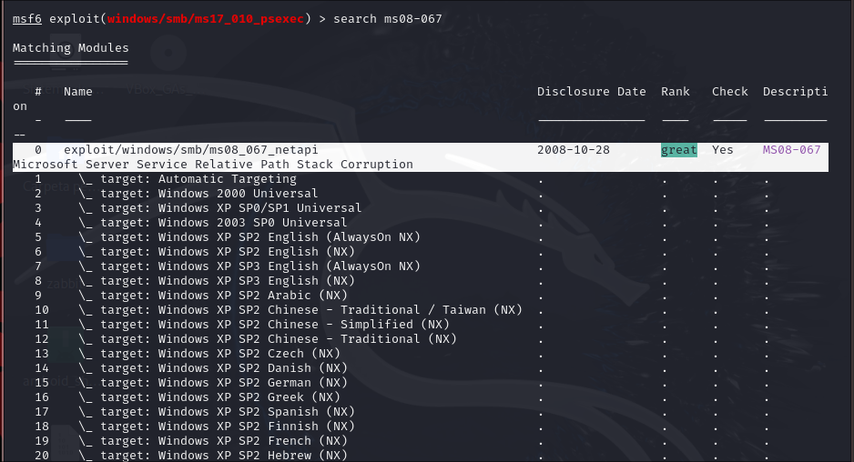Buscamos por la vulnerabilidad MS08-067.