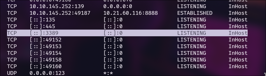 Comprobación del estado del puerto rdp en la máquina víctima.